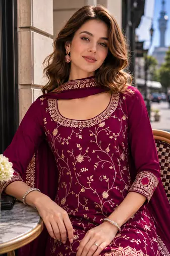 Maroom vichitra semi stitched suit with heavy embroidery work