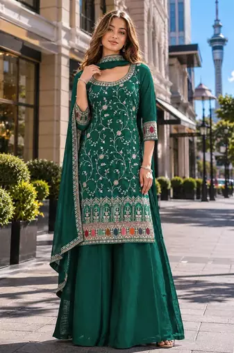 Dark green vichitra semi stitched suit with heavy embroidery work