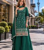 Dark green vichitra semi stitched suit with heavy embroidery work