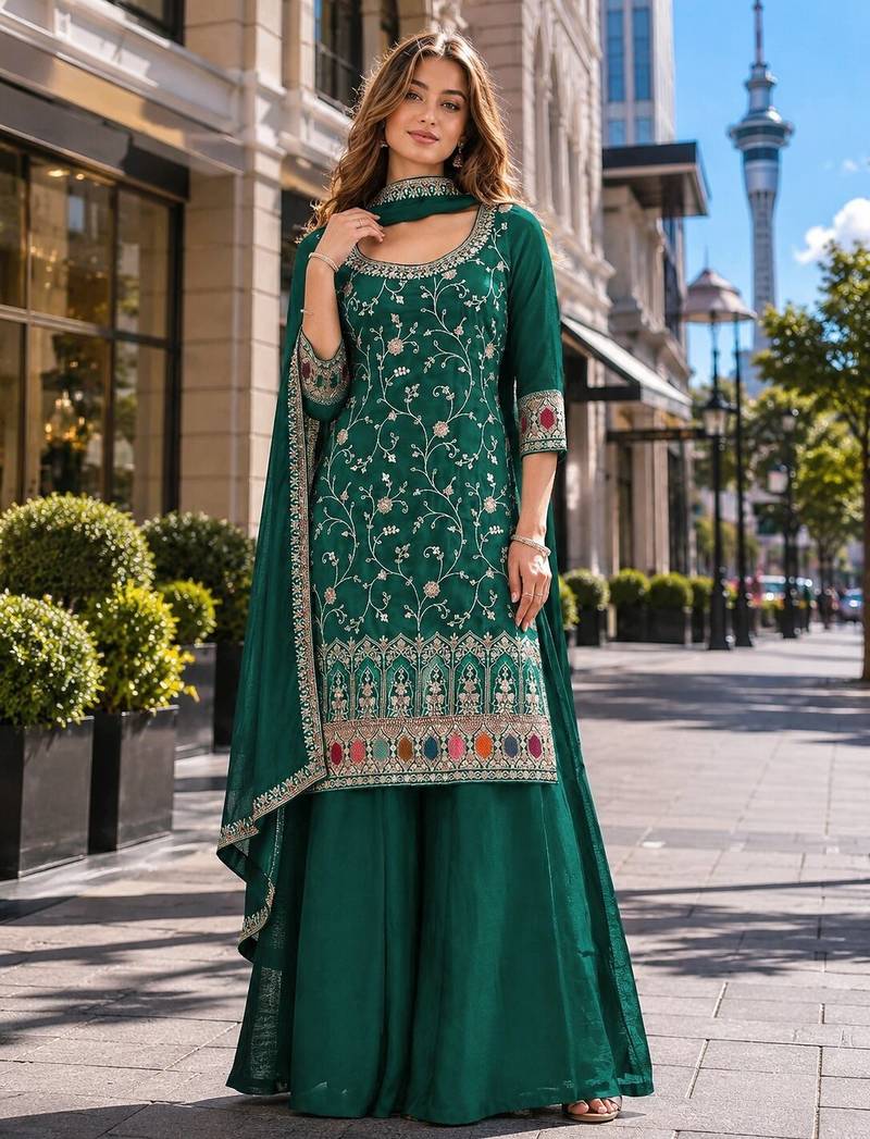 Dark green vichitra semi stitched suit with heavy embroidery work