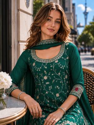 Dark green vichitra suit with heavy embroidery work 2