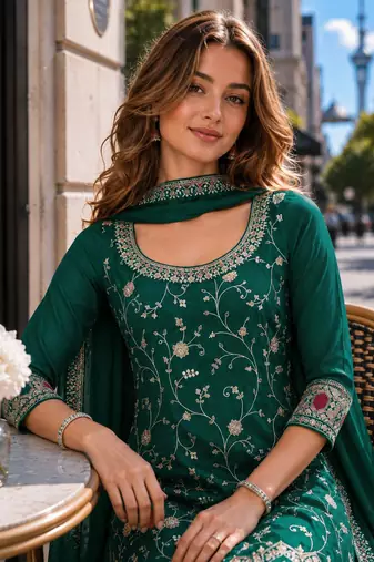 Dark green vichitra semi stitched suit with heavy embroidery work