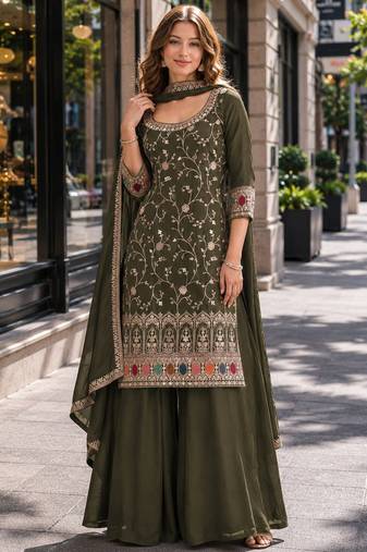 Mehendi vichitra semi stitched suit with heavy embroidery work