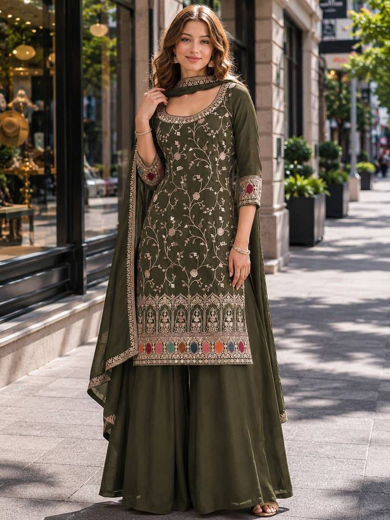 Mehendi vichitra semi stitched suit with heavy embroidery work