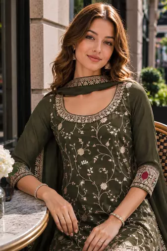 Mehendi vichitra semi stitched suit with heavy embroidery work
