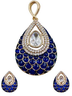 Women blue gold-plated ad-studded teardrop pendant with earrings jewellery set 2