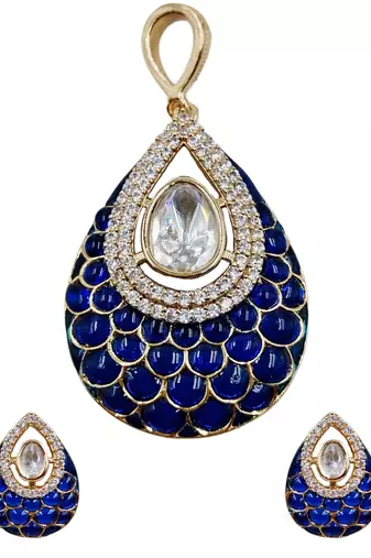 Women blue gold-plated ad-studded teardrop pendant with earrings jewellery set