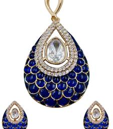 Women blue gold-plated ad-studded teardrop pendant with earrings jewellery set