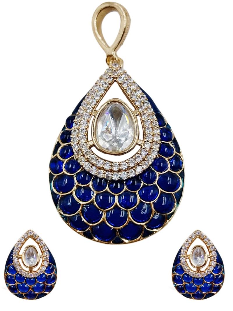 Women blue gold-plated ad-studded teardrop pendant with earrings jewellery set