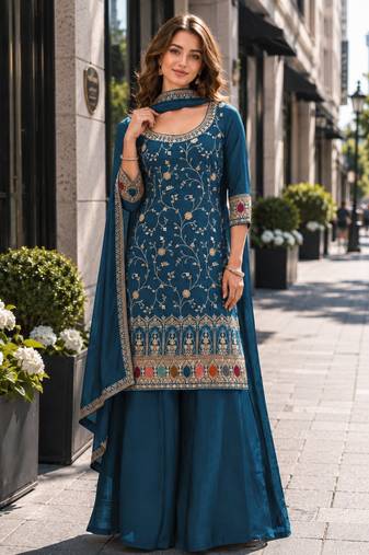Teal vichitra semi stitched suit with heavy embroidery work