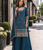 Teal vichitra semi stitched suit with heavy embroidery work