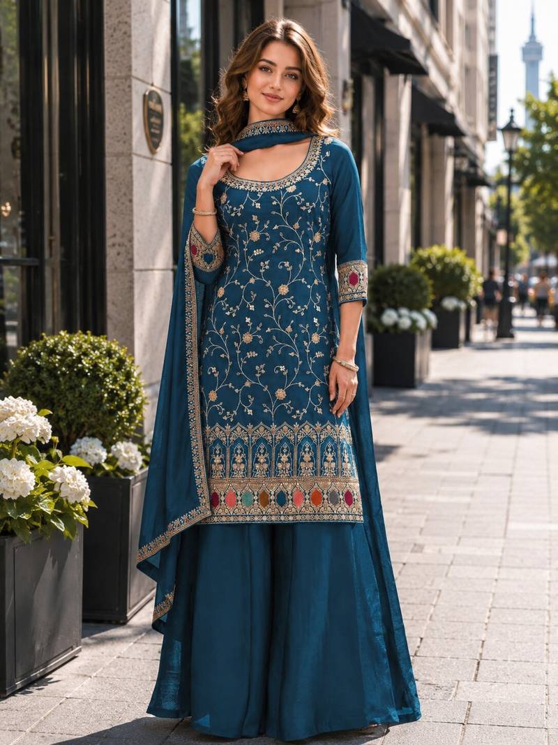 Teal vichitra semi stitched suit with heavy embroidery work