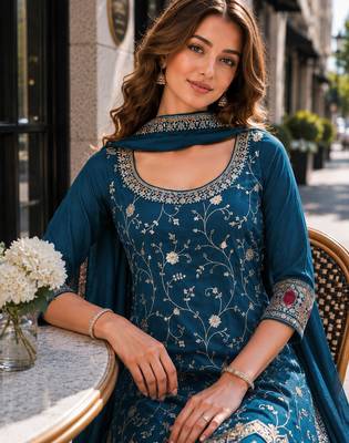 Teal vichitra suit with heavy embroidery work 2