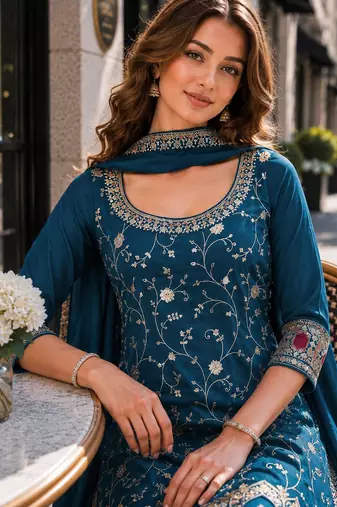 Teal vichitra semi stitched suit with heavy embroidery work