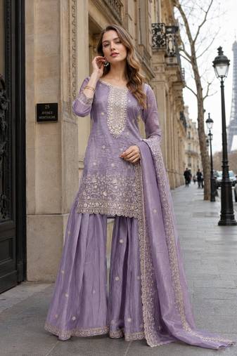 Lavender gold crush semi stitched suit with heavy embroidery work