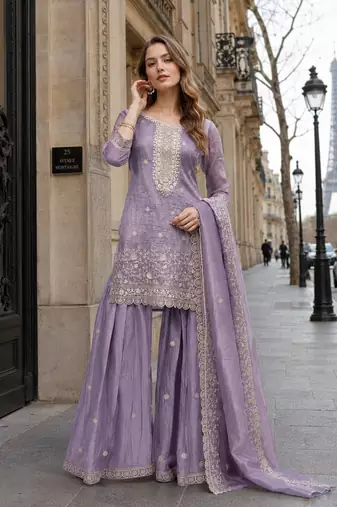 Lavender gold crush semi stitched suit with heavy embroidery work
