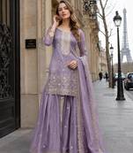 Lavender gold crush semi stitched suit with heavy embroidery work