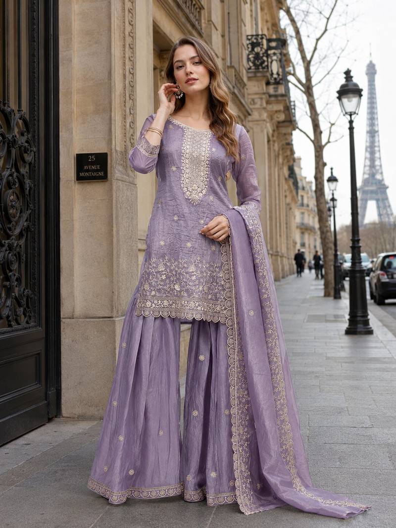 Lavender gold crush semi stitched suit with heavy embroidery work