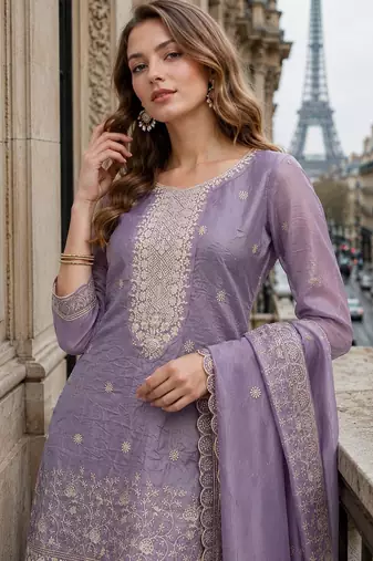 Lavender gold crush semi stitched suit with heavy embroidery work