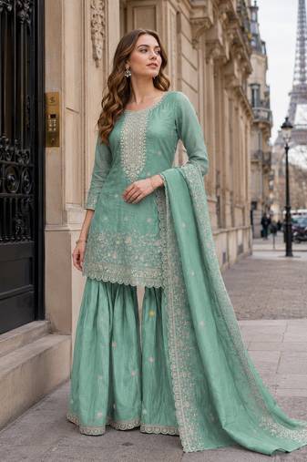 Sky blue gold crush semi stitched suit with heavy embroidery work