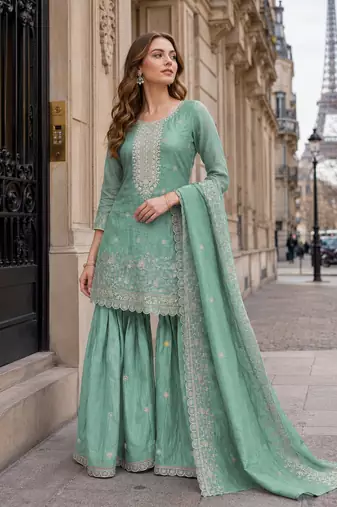 Sky blue gold crush semi stitched suit with heavy embroidery work