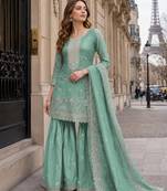 Sky blue gold crush semi stitched suit with heavy embroidery work