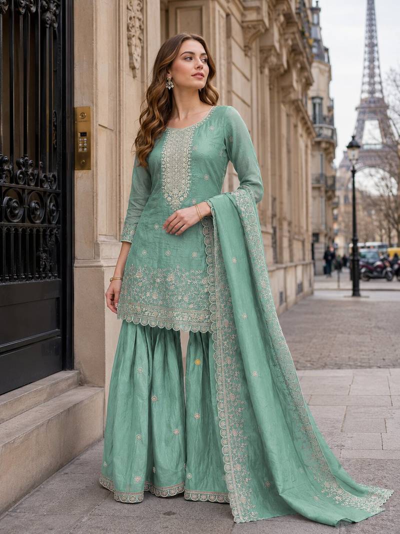 Sky blue gold crush semi stitched suit with heavy embroidery work