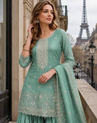 Sky blue gold crush semi stitched suit with heavy embroidery work 2