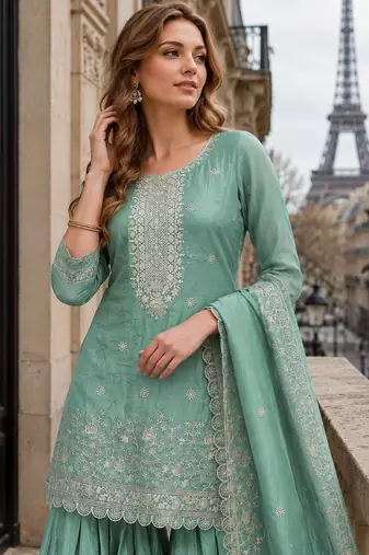Sky blue gold crush semi stitched suit with heavy embroidery work