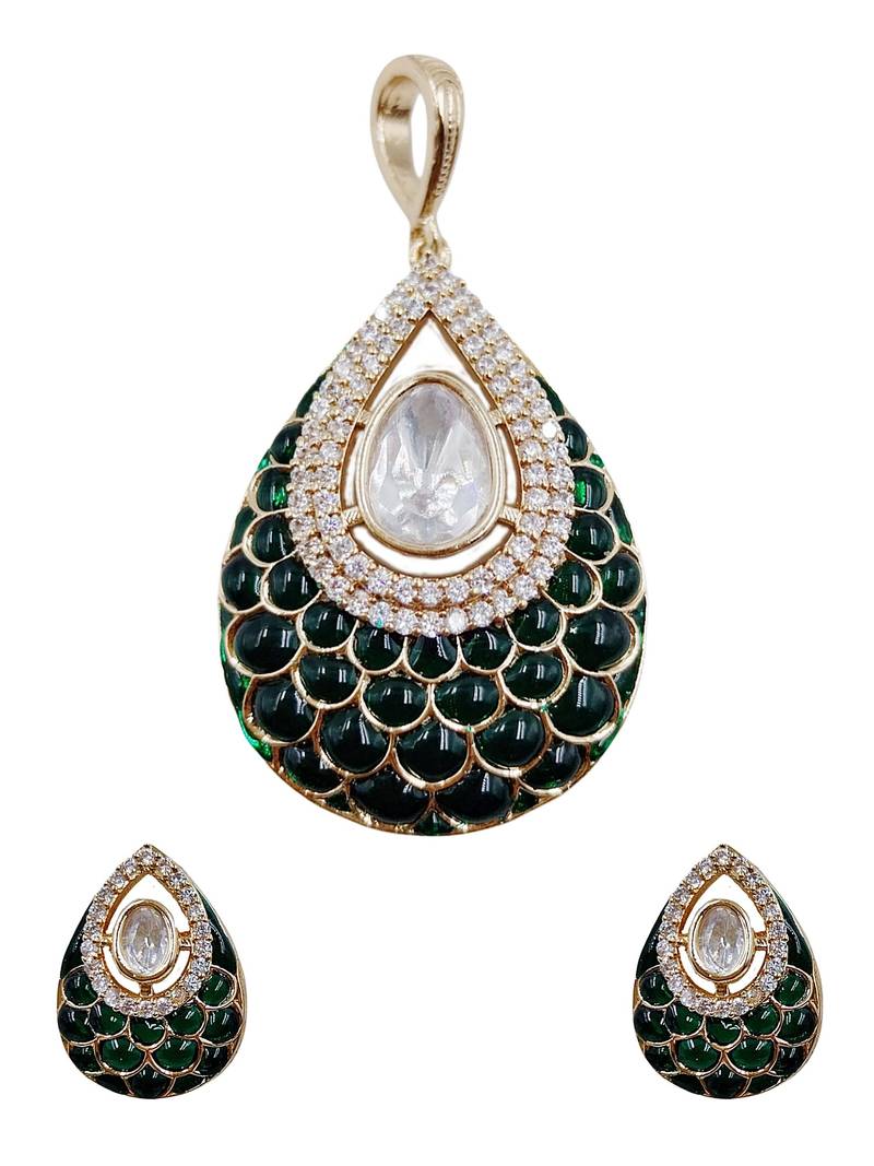 Women green gold-plated ad-studded teardrop pendant with earrings jewellery set