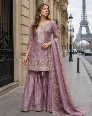Peach gold crush semi stitched suit with heavy embroidery work 1