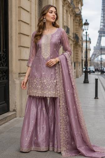 Peach gold crush semi stitched suit with heavy embroidery work