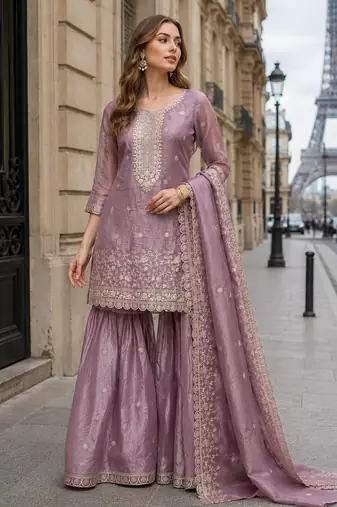 Peach gold crush semi stitched suit with heavy embroidery work