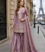 Peach gold crush semi stitched suit with heavy embroidery work