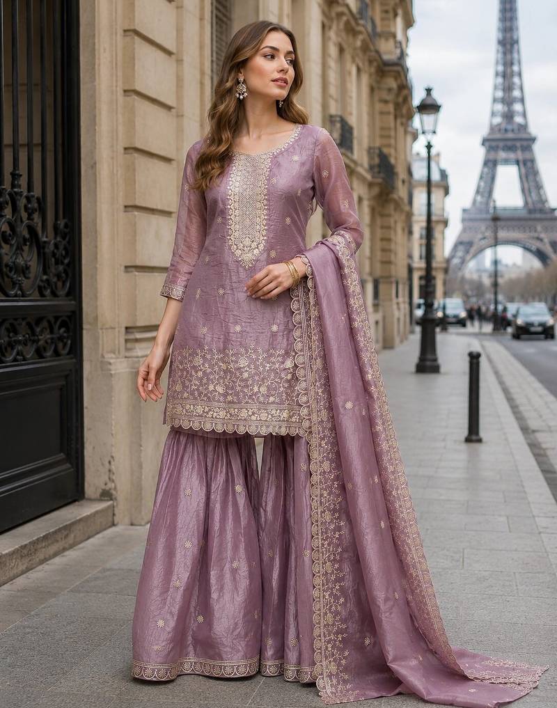 Peach gold crush semi stitched suit with heavy embroidery work