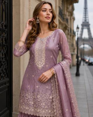 Peach gold crush semi stitched suit with heavy embroidery work 2