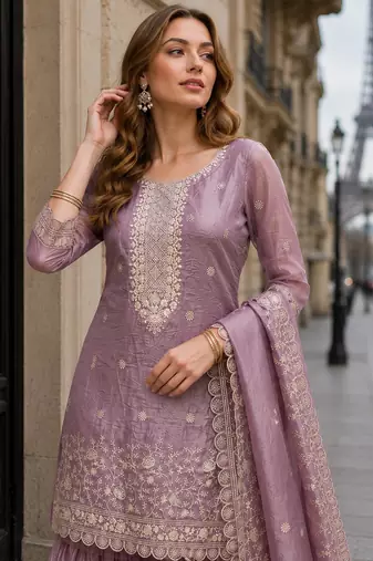 Peach gold crush semi stitched suit with heavy embroidery work