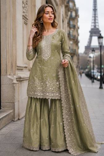 Green gold crush semi stitched suit with heavy embroidery work