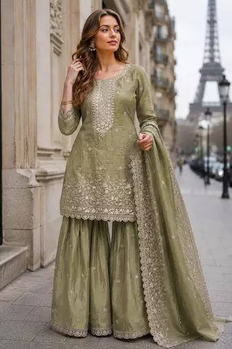 Green gold crush semi stitched suit with heavy embroidery work