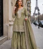 Green gold crush semi stitched suit with heavy embroidery work