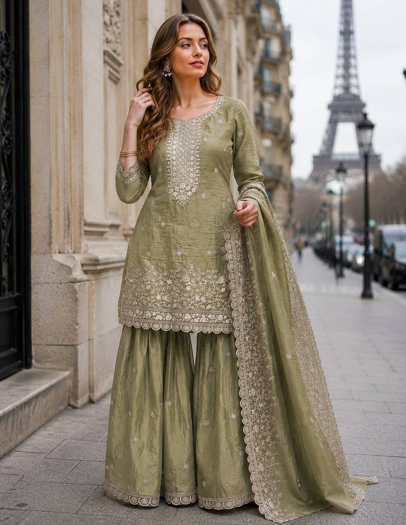 Green gold crush semi stitched suit with heavy embroidery work