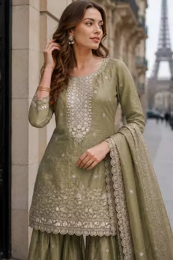 Green gold crush semi stitched suit with heavy embroidery work