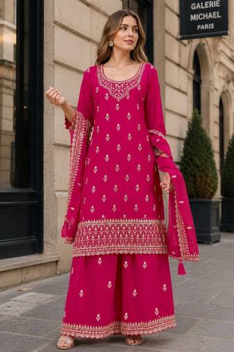 Red georgette semi stitched suit with heavy embroidery work