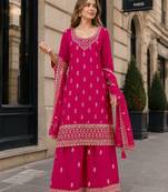 Red georgette semi stitched suit with heavy embroidery work