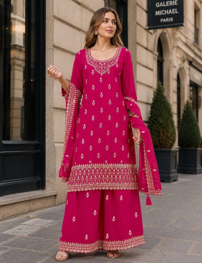 Red georgette semi stitched suit with heavy embroidery work