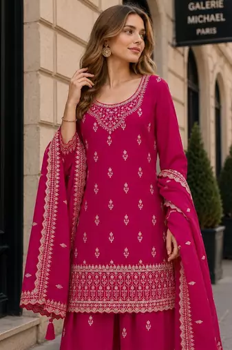Red georgette semi stitched suit with heavy embroidery work