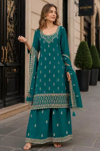 Teal green georgette semi stitched suit with heavy embroidery work