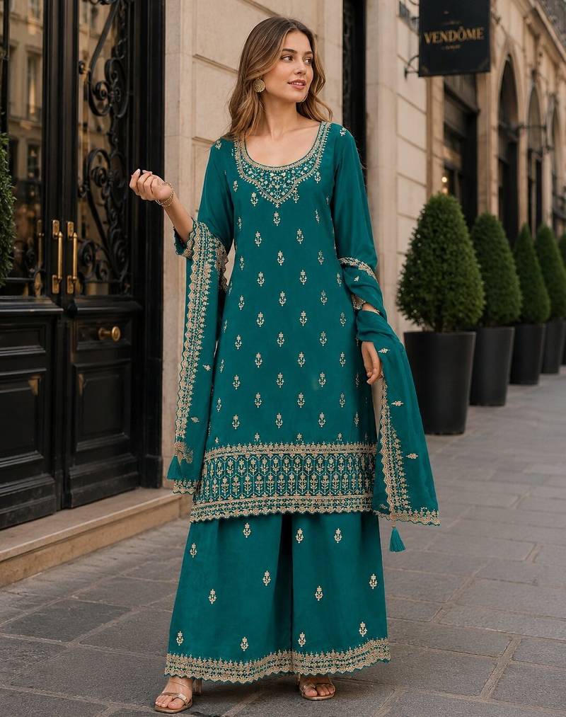Teal green georgette semi stitched suit with heavy embroidery work