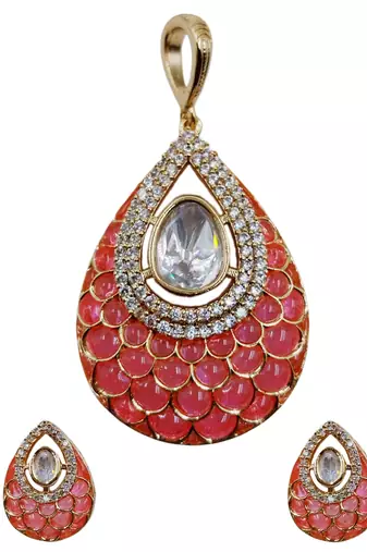 Women pink gold-plated ad-studded teardrop pendant with earrings jewellery set