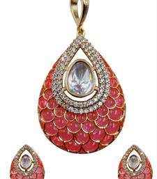 Women pink gold-plated ad-studded teardrop pendant with earrings jewellery set